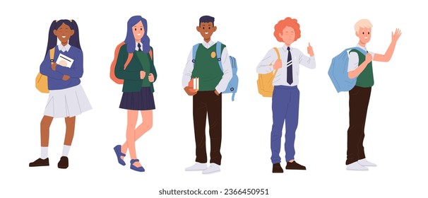 Children in school uniform, students going to college with book and bag pack isolated set on white