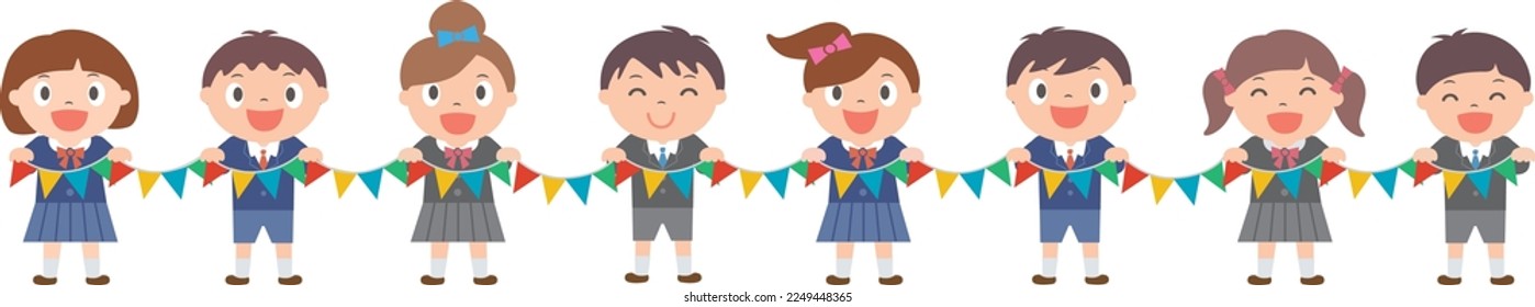 Children in school uniforms with flags