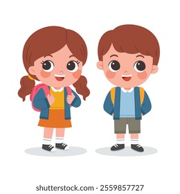 Children in school uniforms are standing together, smiling.