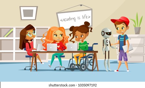 Children in school vector illustration of pupil kids in classroom studying lesson. Boy with robot and girls at table with computers talking to handicapped friend in wheelchair cartoon design