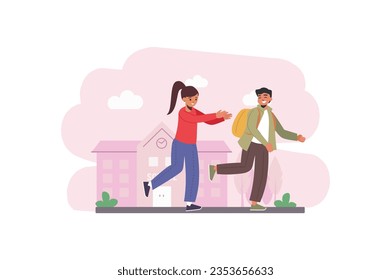 Children in the school yard concept with people scene in the flat cartoon style. Children play catch-up in the schoolyard and have fun after school. Vector illustration.