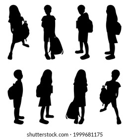 Children with schoolbags black silhouettes set, schollboy kids isolated, pupils boys and girs in different poses with bags, back to school vector Illustration.