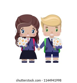 children schoolchildren, boy and girl in school uniform, with flowers and backpacks. (first-graders)