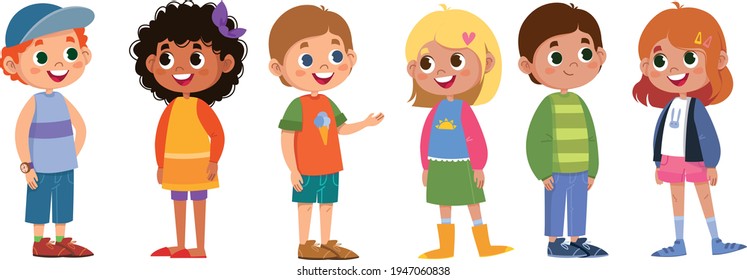 Children schoolchildren vector set. Boys and girls laugh and play. The black-skinned woman is beautiful, red-haired, blonde, fair-haired. Cartoon characters are standing. Illustration funny clipart cu - Shutterstock ID 1947060838