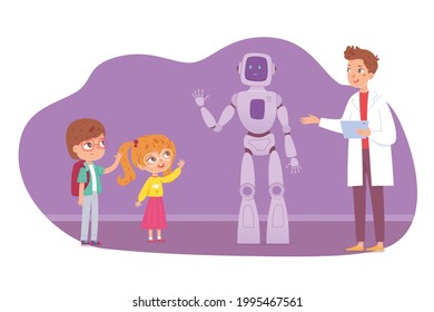 Children In Science Museum. Kids Looking At Robot Waving Hand Vector Illustration. School Excursion Scene, Boy And Girl Studying, Instructor Guide Teaching. Science Education.