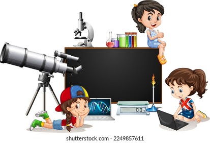 Children with science objects illustration