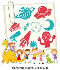 Children and science symbol on notecard illustration