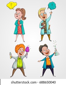 Children scientists set. Cartoon characters. Isolated elements. Vector illustration