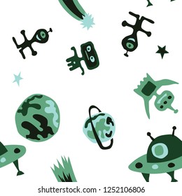 Children Sci-fi Background. Abstract Color Pattern with Aliens, Spaceships, Planets and Stars for Cotton, Print, Calico. Trendy Space Kids Pattern with Cute Monsters. Vector Texture.