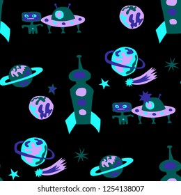 Children Sci-fi Background. Abstract Color Pattern with Aliens, Spaceships, Planets and Stars for Chintz, Linen, Wallpaper. Modern Space Kids Pattern with Cute Monsters. Vector Texture.