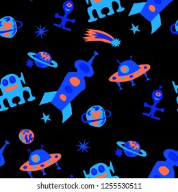 Children Sci-fi Background. Abstract Color Background with Aliens, Spaceships, Planets and Stars for Chintz, Linen, Wallpaper. Modern Space Kids Pattern with Cute Monsters. Vector Texture.