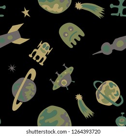 Children Sci-fi Background. Abstract Color Background with Aliens, Spaceships, Planets and Stars for Cotton, Print, Textile. Trendy Space Kids Pattern with Cute Monsters. Vector Texture.