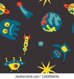 Children Sci-fi Background. Abstract Color Pattern with Aliens, Spaceships, Planets and Stars for Calico, Print, Textile. Vintage Space Kids Pattern with Cute Monsters. Vector Texture.