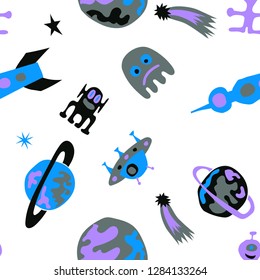 Children Sci-fi Background. Abstract Color Pattern with Aliens, Spaceships, Planets and Stars for Cotton, Print, Textile. Vintage Space Kids Pattern with Cute Monsters. Vector Texture.