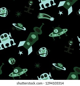 Children Sci-fi Background. Abstract Color Background with Aliens, Spaceships, Planets and Stars for Cotton, Calico, Textile. Modern Space Kids Pattern with Cute Monsters. Vector Texture.