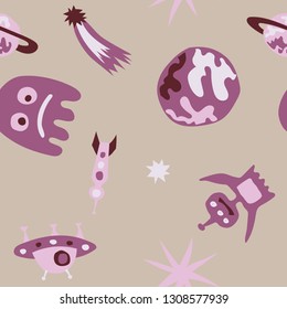 Children Sci-fi Background. Abstract Color Background with Aliens, Spaceships, Planets and Stars for Print, Fabric, Textile.  Trendy Space Kids Pattern with Cute Monsters. Vector Texture.