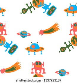 Children Sci-fi Background. Abstract Color Pattern with Aliens, Spaceships, Planets and Stars for Wallpaper, Print, Cotton. Retro Space Kids Pattern with Cute Monsters. Vector Texture.