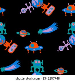 Children Sci-fi Background. Abstract Color Pattern with Aliens, Spaceships, Planets and Stars for Cotton, Print, Textile. Retro Space Kids Pattern with Cute Monsters. Vector Texture.