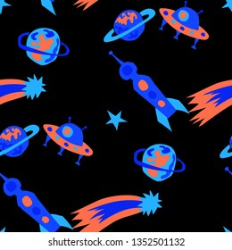 Children Sci-fi Background. Abstract Color Background with Aliens, Spaceships, Planets and Stars for Dress, Paper, Tablecloth. Vintage Space Kids Pattern with Cute Monsters. Vector Texture.