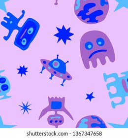 Children Sci-fi Background. Abstract Color Background with Aliens, Spaceships, Planets and Stars for Chintz, Curtain, Paper. Retro Space Kids Pattern with Cute Monsters. Vector Texture.