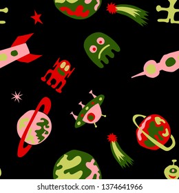 Children Sci-fi Background. Abstract Color Pattern with Aliens, Spaceships, Planets and Stars for Dress, Paper, Tablecloth. Vintage Space Kids Pattern with Cute Monsters. Vector Texture.