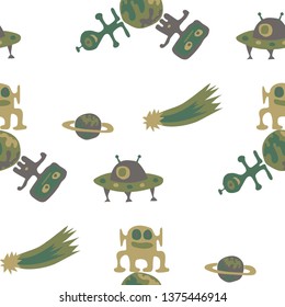 Children Sci-fi Background. Abstract Color Background with Aliens, Spaceships, Planets and Stars for Print, Fabric, Cloth. Vintage Space Kids Pattern with Cute Monsters. Vector Texture.