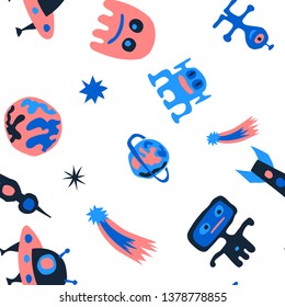 Children Sci-fi Background. Abstract Color Pattern with Aliens, Spaceships, Planets and Stars for Print, Fabric, Textile.  Vintage Space Kids Pattern with Cute Monsters. Vector Texture.