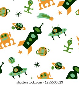 Children Sci-fi Pattern. Abstract Color Background with Aliens, Spaceships, Planets and Stars for Chintz, Linen, Wallpaper. Retro Space Kids Pattern with Cute Monsters. Vector Texture.