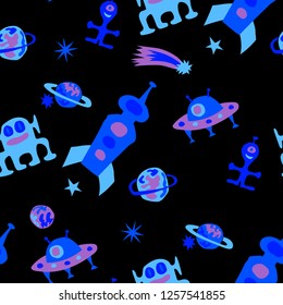 Children Sci-fi Pattern. Abstract Color Background with Aliens, Spaceships, Planets and Stars for Wallpaper, Fabric, Textile. Modern Space Kids Pattern with Cute Monsters. Vector Texture.