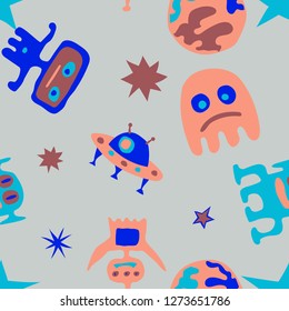 Children Sci-fi Pattern. Abstract Color Background with Aliens, Spaceships, Planets and Stars for Dress, Curtain, Paper. Modern Space Kids Pattern with Cute Monsters. Vector Texture.