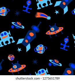 Children Sci-fi Pattern. Abstract Color Background with Aliens, Spaceships, Planets and Stars for Wallpaper, Fabric, Textile. Vintage Space Kids Pattern with Cute Monsters. Vector Texture.