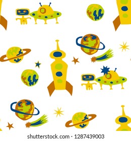 Children Sci-fi Pattern. Abstract Color Background with Aliens, Spaceships, Planets and Stars for Wallpaper, Print, Cotton. Retro Space Kids Pattern with Cute Monsters. Vector Texture.