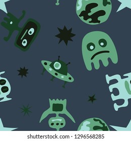Children Sci-fi Pattern. Abstract Color Background with Aliens, Spaceships, Planets and Stars for Print, Fabric, Cloth. Modern Space Kids Pattern with Cute Monsters. Vector Texture.