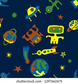 Children Sci-fi Pattern. Abstract Color Background with Aliens, Spaceships, Planets and Stars for Wallpaper, Print, Cotton. Retro Space Kids Pattern with Cute Monsters. Vector Texture.