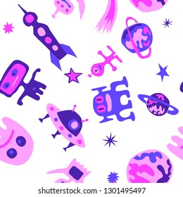 Children Sci-fi Pattern. Abstract Color Pattern with Aliens, Spaceships, Planets and Stars for Chintz, Linen, Wallpaper. Trendy Space Kids Pattern with Cute Monsters. Vector Texture.