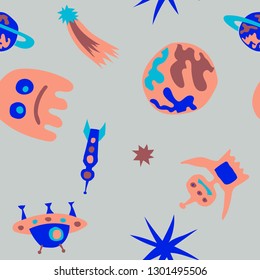 Children Sci-fi Pattern. Abstract Color Background with Aliens, Spaceships, Planets and Stars for Print, Cloth, Textile. Trendy Space Kids Pattern with Cute Monsters. Vector Texture.