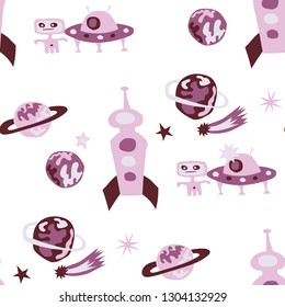 Children Sci-fi Pattern. Abstract Color Pattern with Aliens, Spaceships, Planets and Stars for Wallpaper, Cotton, Textile. Retro Space Kids Pattern with Cute Monsters. Vector Texture.