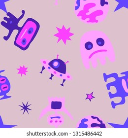 Children Sci-fi Pattern. Abstract Color Background with Aliens, Spaceships, Planets and Stars for Chintz, Linen, Paper. Vintage Space Kids Pattern with Cute Monsters. Vector Texture.