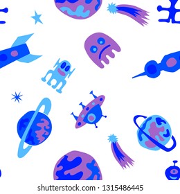 Children Sci-fi Pattern. Abstract Color Pattern with Aliens, Spaceships, Planets and Stars for Cotton, Print, Textile. Trendy Space Kids Pattern with Cute Monsters. Vector Texture.