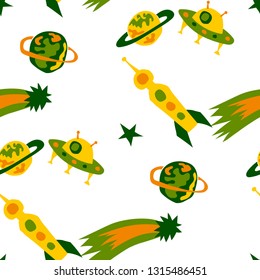 Children Sci-fi Pattern. Abstract Color Pattern with Aliens, Spaceships, Planets and Stars for Dress, Paper, Tablecloth. Retro Space Kids Pattern with Cute Monsters. Vector Texture.