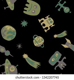 Children Sci-fi Pattern. Abstract Color Pattern with Aliens, Spaceships, Planets and Stars for Print, Fabric, Cloth. Retro Space Kids Pattern with Cute Monsters. Vector Texture.