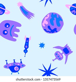 Children Sci-fi Pattern. Abstract Color Pattern with Aliens, Spaceships, Planets and Stars for Wallpaper, Cotton, Textile. Retro Space Kids Pattern with Cute Monsters. Vector Texture.