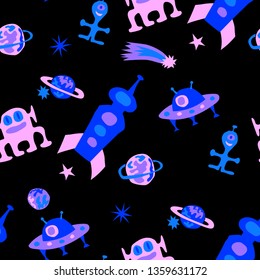 Children Sci-fi Pattern. Abstract Color Pattern with Aliens, Spaceships, Planets and Stars for Cotton, Print, Textile. Trendy Space Kids Pattern with Cute Monsters. Vector Texture.
