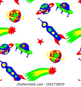 Children Sci-fi Pattern. Abstract Color Pattern with Aliens, Spaceships, Planets and Stars for Print, Cloth, Fabric. Modern Space Kids Pattern with Cute Monsters. Vector Texture.