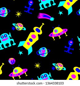 Children Sci-fi Pattern. Abstract Color Background with Aliens, Spaceships, Planets and Stars for Dress, Paper, Tablecloth. Retro Space Kids Pattern with Cute Monsters. Vector Texture.