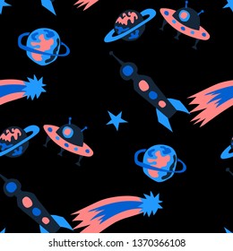 Children Sci-fi Pattern. Abstract Color Pattern with Aliens, Spaceships, Planets and Stars for Cotton, Print, Textile. Trendy Space Kids Pattern with Cute Monsters. Vector Texture.