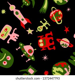 Children Sci-fi Pattern. Abstract Color Background with Aliens, Spaceships, Planets and Stars for Cotton, Print, Textile. Vintage Space Kids Pattern with Cute Monsters. Vector Texture.
