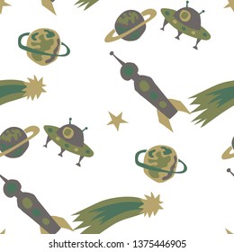 Children Sci-fi Pattern. Abstract Color Pattern with Aliens, Spaceships, Planets and Stars for Print, Fabric, Cloth. Retro Space Kids Pattern with Cute Monsters. Vector Texture.