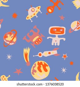 Children Sci-fi Pattern. Abstract Color Background with Aliens, Spaceships, Planets and Stars for Wallpaper, Print, Cotton. Trendy Space Kids Pattern with Cute Monsters. Vector Texture.
