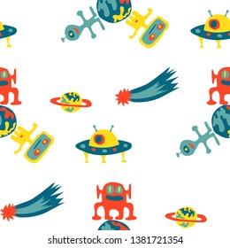 Children Sci-fi Pattern. Abstract Color Pattern with Aliens, Spaceships, Planets and Stars for Chintz, Curtain, Paper. Modern Space Kids Pattern with Cute Monsters. Vector Texture.